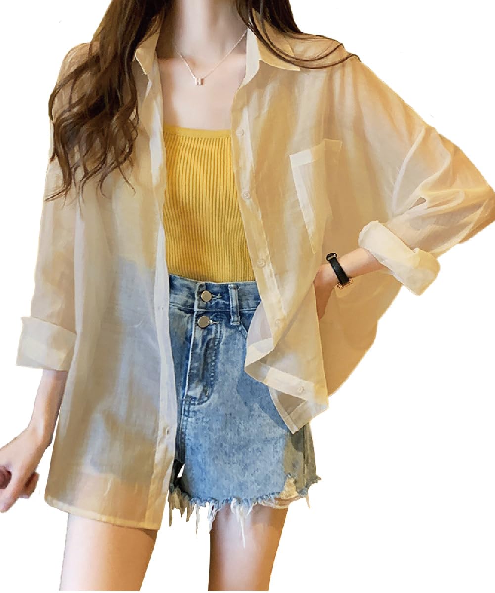 

Sheer Shirt for Long Sleeve UV Air Conditioning Large Loose Summer L [three Joy] Women, See-Through Shirt, Blouse, Cardigan, Shirt, Protection, оранжевый