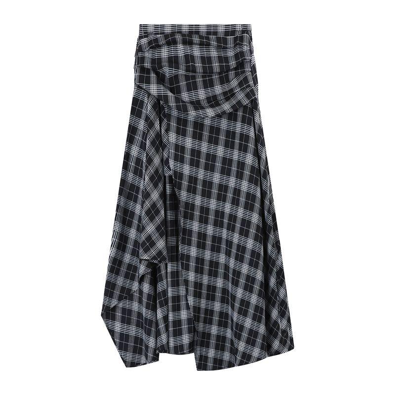 

Kumikumi Высокий стиль Черное пальто из кожи с длинным рукавом Верхняя одежда Женская одежда Осень Необычная клетчатая юбка Комплект из двух предметов Skirt L