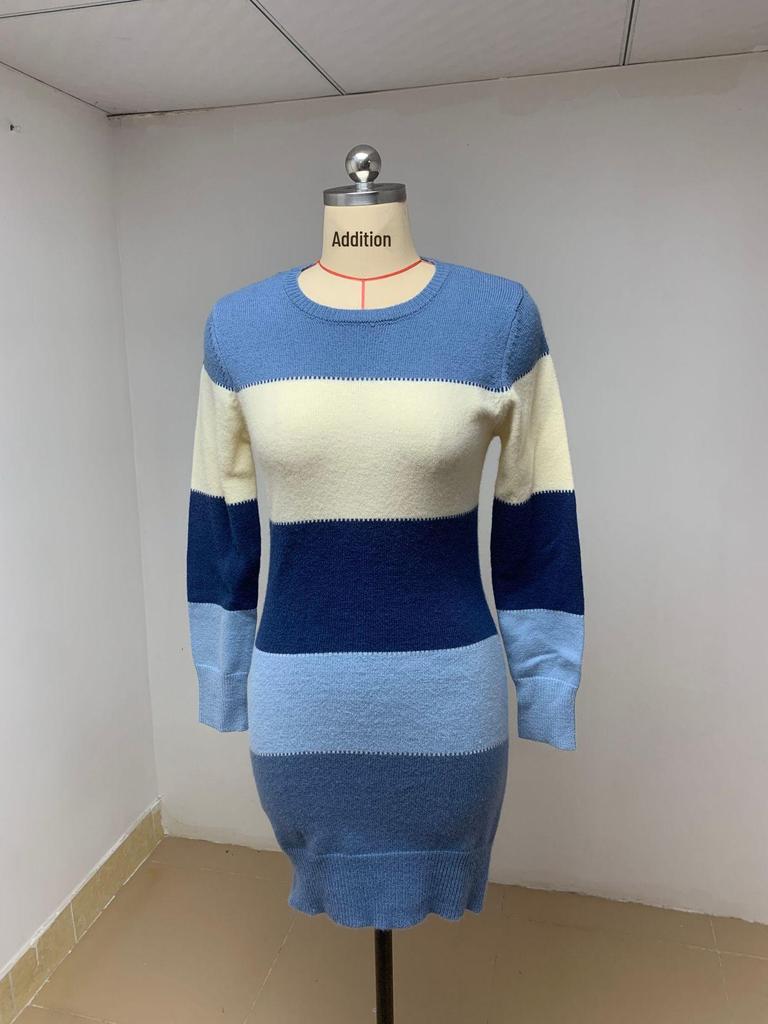 2024 Autumn/Winter Casual Patchwork Color Block Knit Sweater Dress