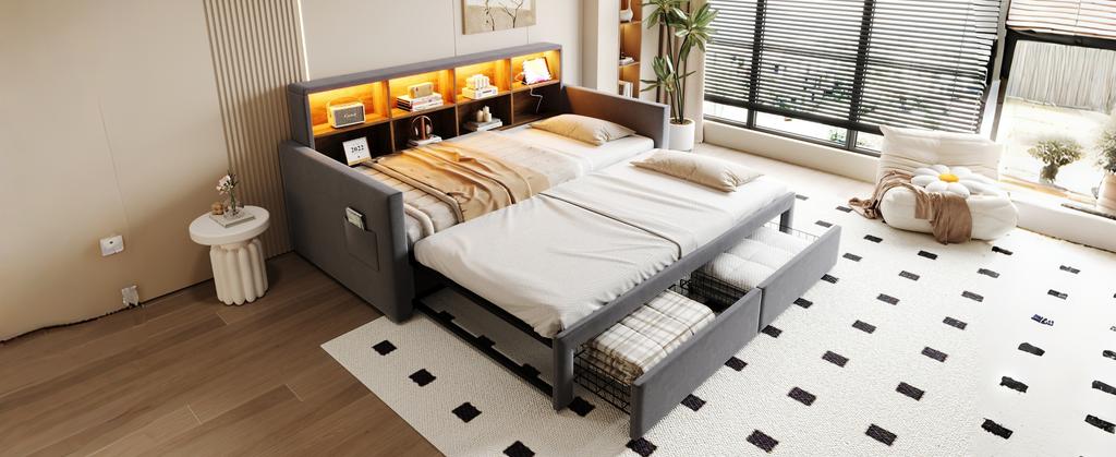 Pull-Out Upholstered Sofa Bed 90/180 X 190 Cm, Headboard with Storage, LED Strip, Charging Sockets, Two Drawers, Slatted Frame, Velvet Dark Grey