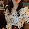 Korean Style Ruffle Sheer Lace Polka Dot Chiffon Blouse - 2025 Spring/Summer Collection, Square Neck Top