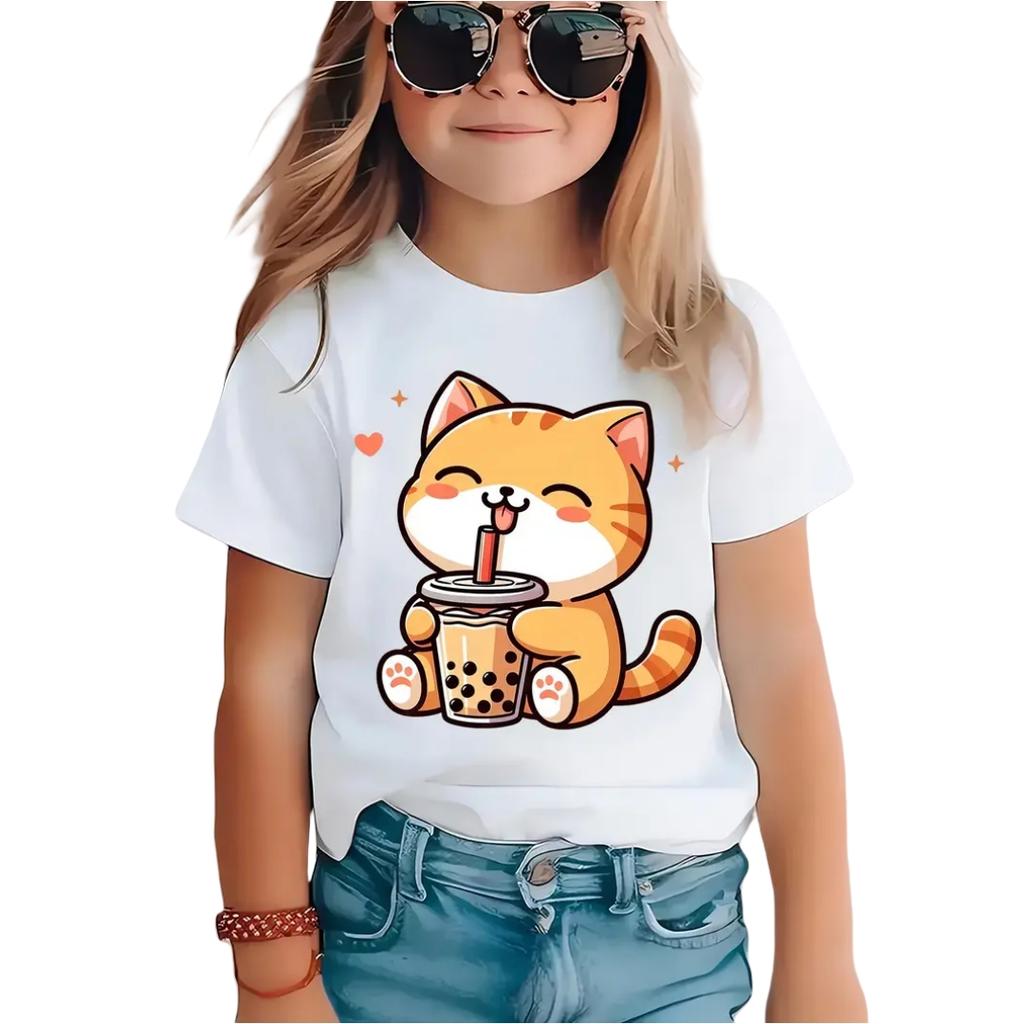 Cat Girl T-Shirt Short Sleeve Tees Girl Clothes Round Neck Top Fashion Junior Girls' Clothing Cute Outdoor Kids T-Shirts
