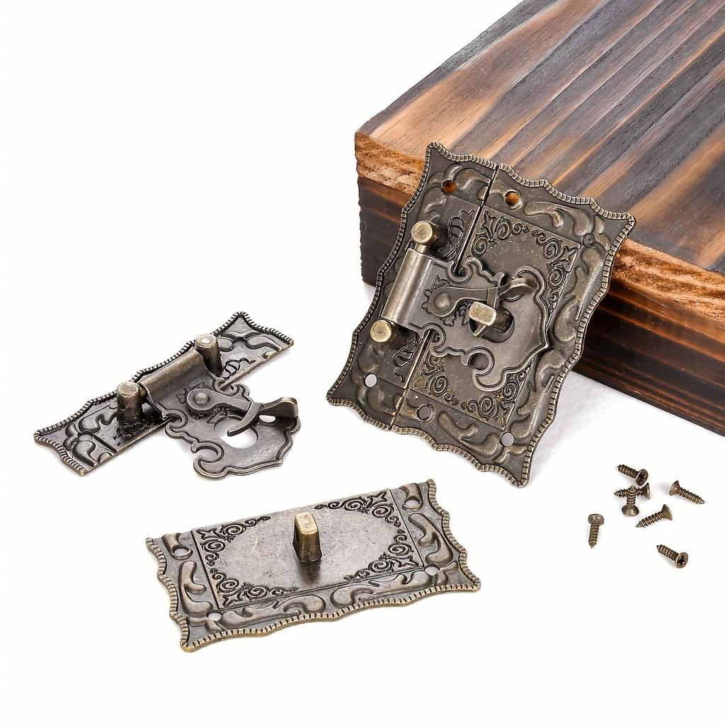 Sada 4 sad starožitného bronzového rytého hardwaru – složitá západka, vintage pant, bezpečný zámek pro dřevěné pouzdra a šperkovnice