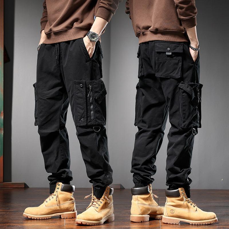 Men multi flap pocket cargo jogger pants drawstring ankle solid army green outdoor street casual trousers