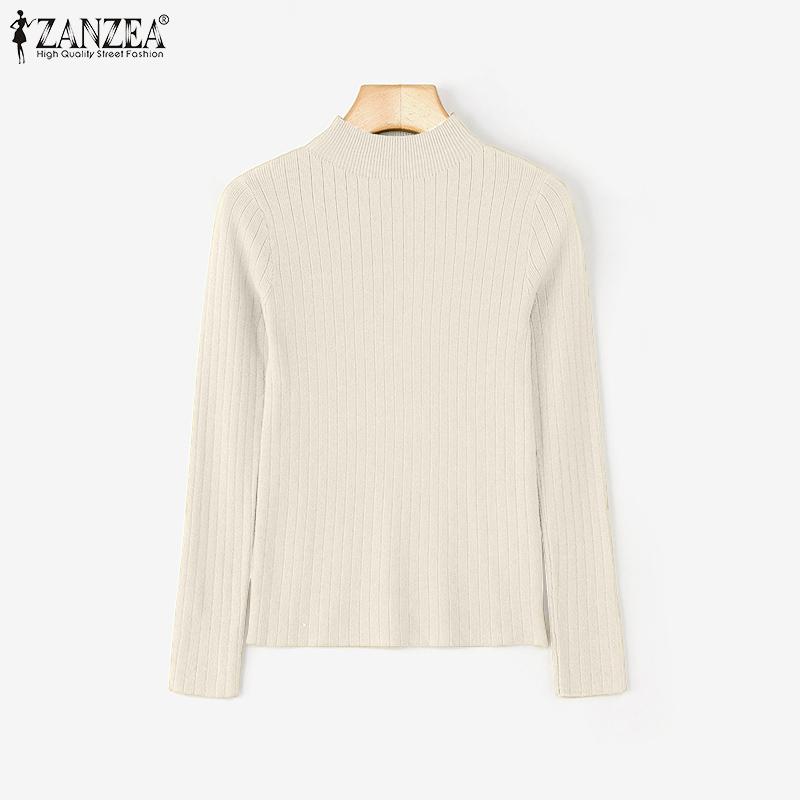 ZANZEA Autumn Spring Women Mockneck Long Sleeve Stretch Rib Knitted Sweater Undershirts