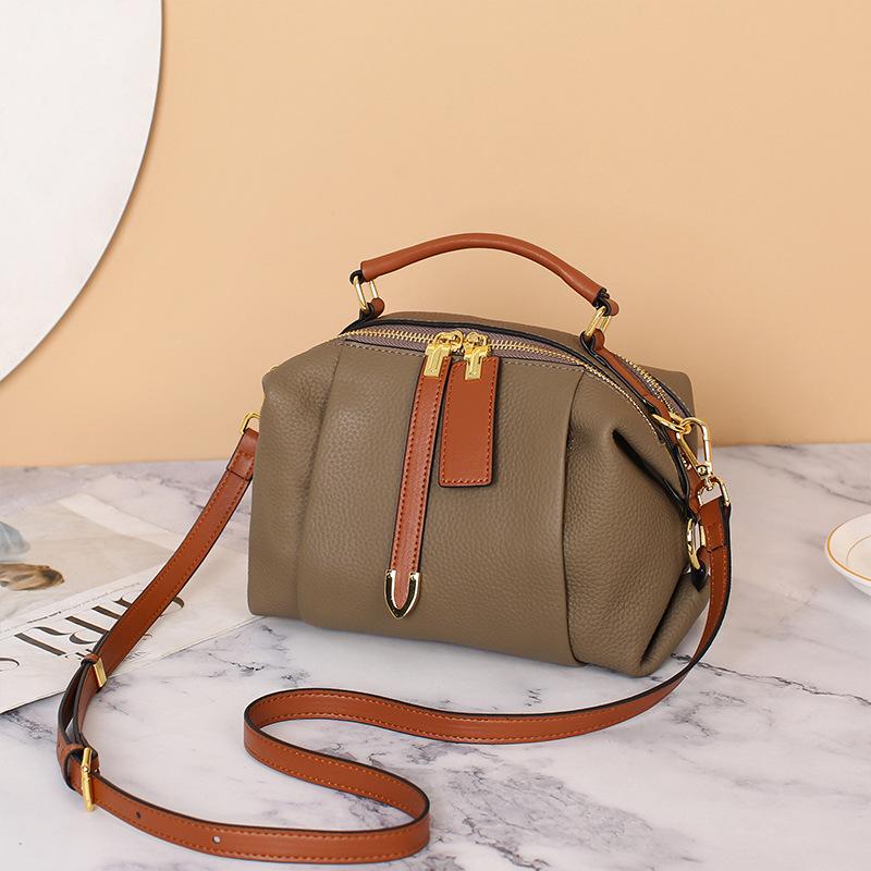 Bag women s new trendy fashion leather Boston pillow bag women s crossbody first layer cowhide niche handbag 23*12*16 хаки