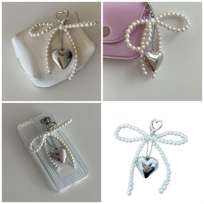 Chic Imitation Pearl Keychain Handmade Bow Shaped Keyring Heart Pendant Keyrings