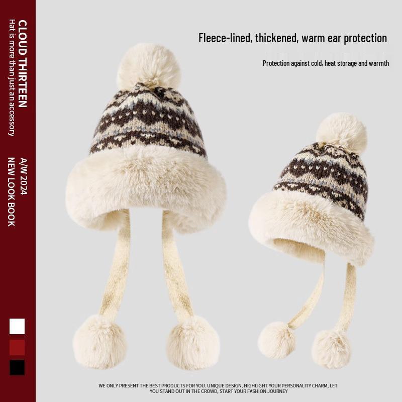 Women's Retro Ethnic Style Plush Knitted Hat – Warm, Thick, and Cold-Proof with Sweet Pompom and Ear Protection for Autumn & Winter