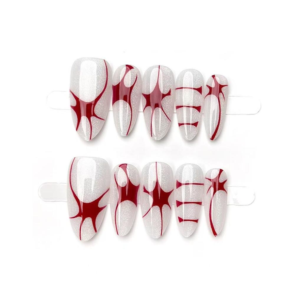 10 Pcs Red Line Almond Press On Nails Handmade Detachable False Nail Tips Halloween Fashion Fake Nails
