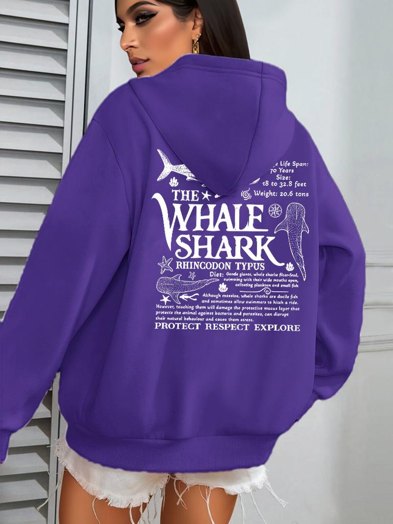 Creative Whale Shark With Letters Print Woman'S Streetwear Soft Trendy Hoodies Solid Color Warm Clothes Loose Hip Hop Hoody