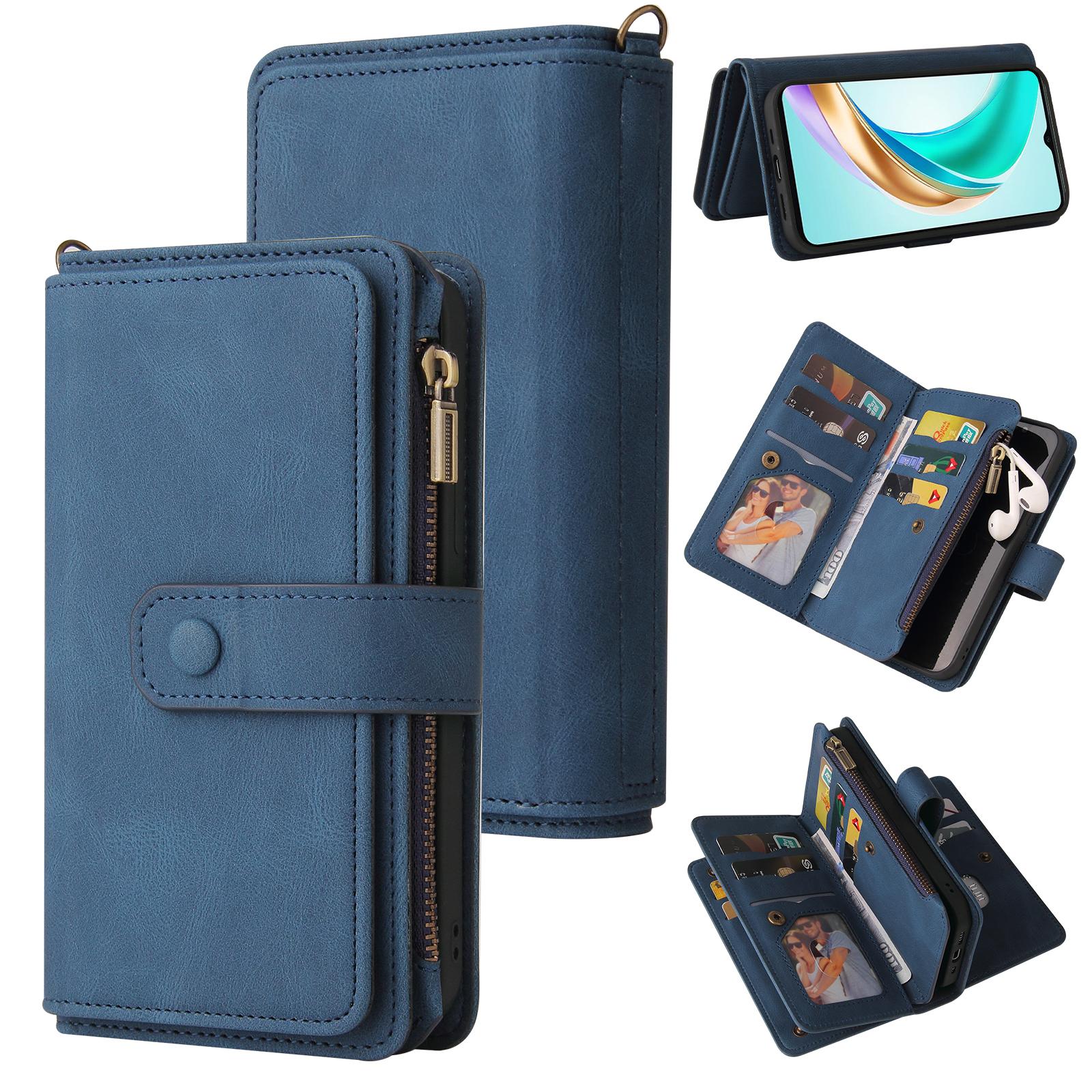 

For Honor X6b 4G Zipper Wallet Case with 15 Card Slots and Strap Leather Phone Cover Blue