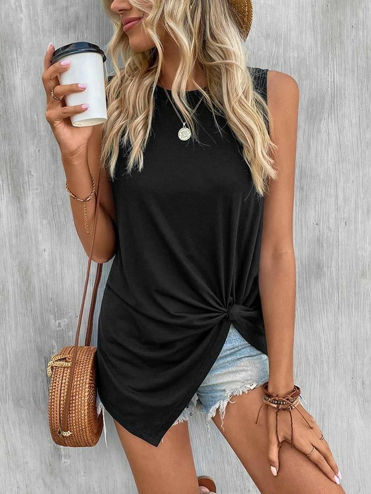 

Женская вискозная блуза без рукавов с асимметричным вырезом и завязками