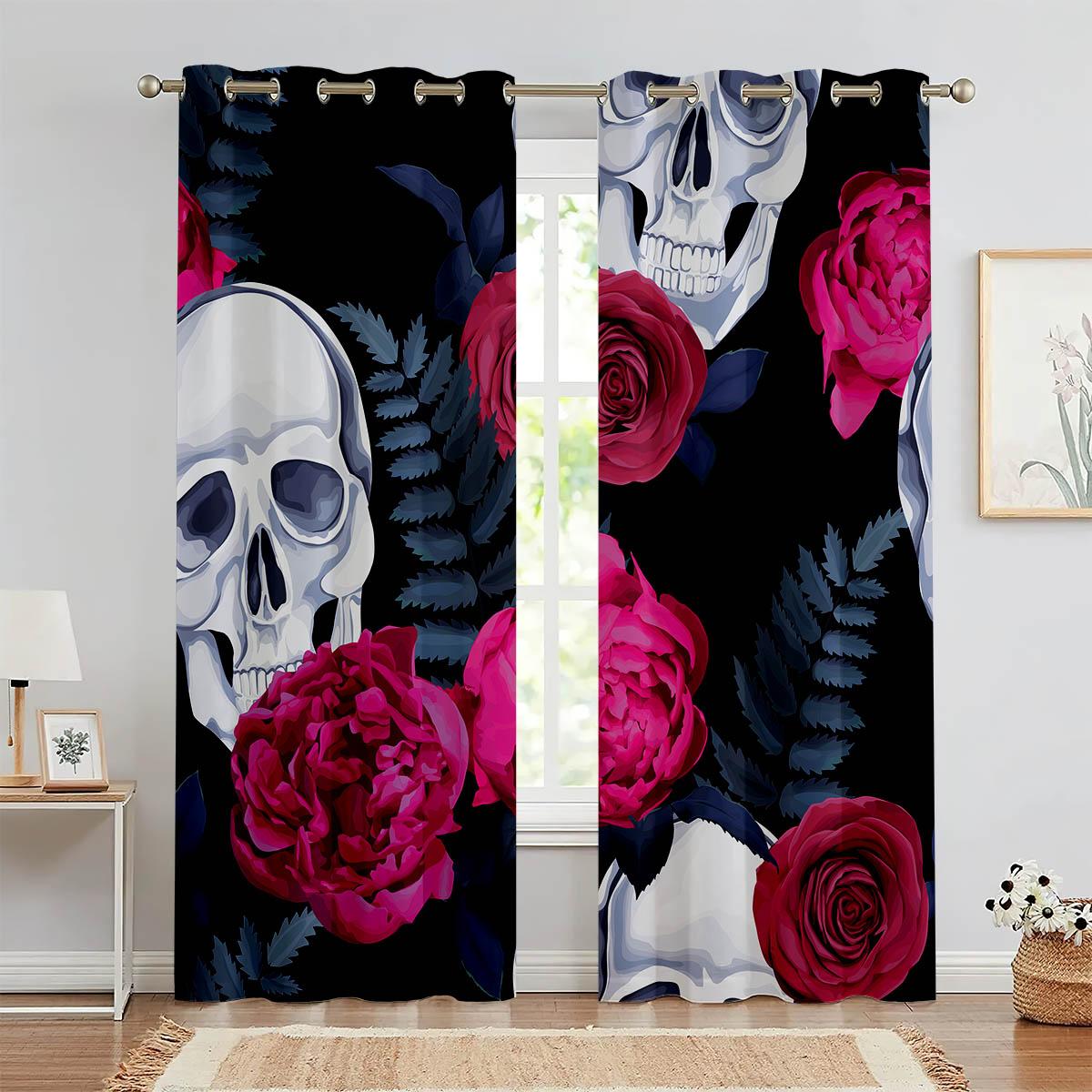 

Floral Pattern Rose Skull Design 3D Pattern Print Window Curtains Gothic Style Vintage Window Curtains Bedroom Space Living Space Study Window W50xH140(CM)x2PCS&Rod pocket