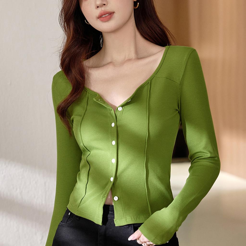 Shell Button High Waist Short T-shirt for Women with Sexy Long-sleeved Temperament Cotton Top