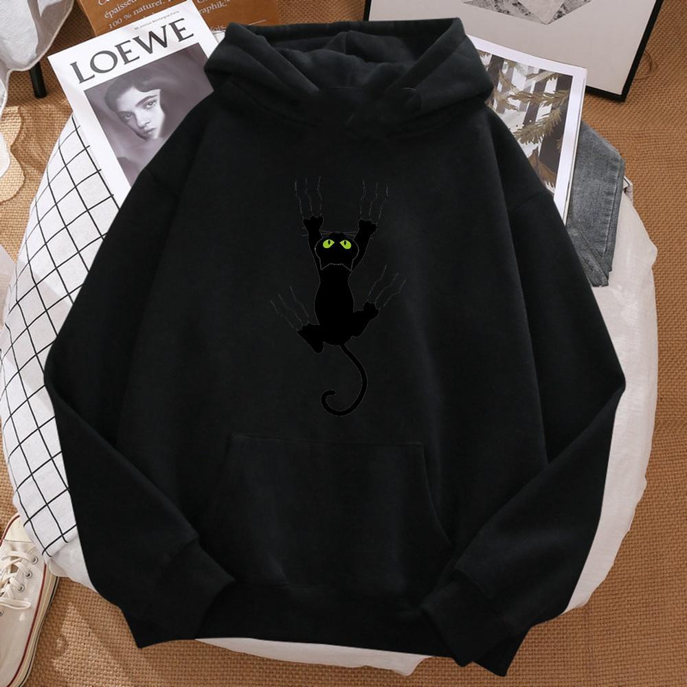Unisex Naughty Black Cat Printed Hoody Hip Hop Fleece Sweatshirt Soft Warm Harajuku Style Cartoon Character Comfortable Moto
