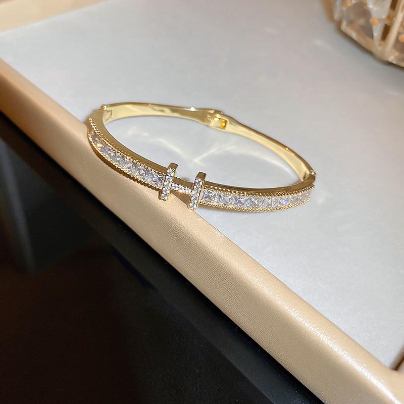 Gold Plated Zircon Titanium Steel Korean Minimalist Bangle | Versatile High-End Bracelet for Women