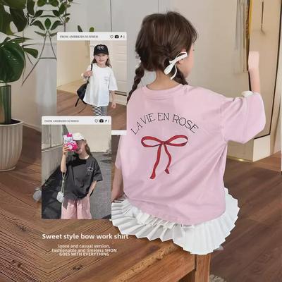 Girls' Korean Style Loose T-Shirt Dress with Back Bow - Short-Sleeved Summer Wear, Medium Size