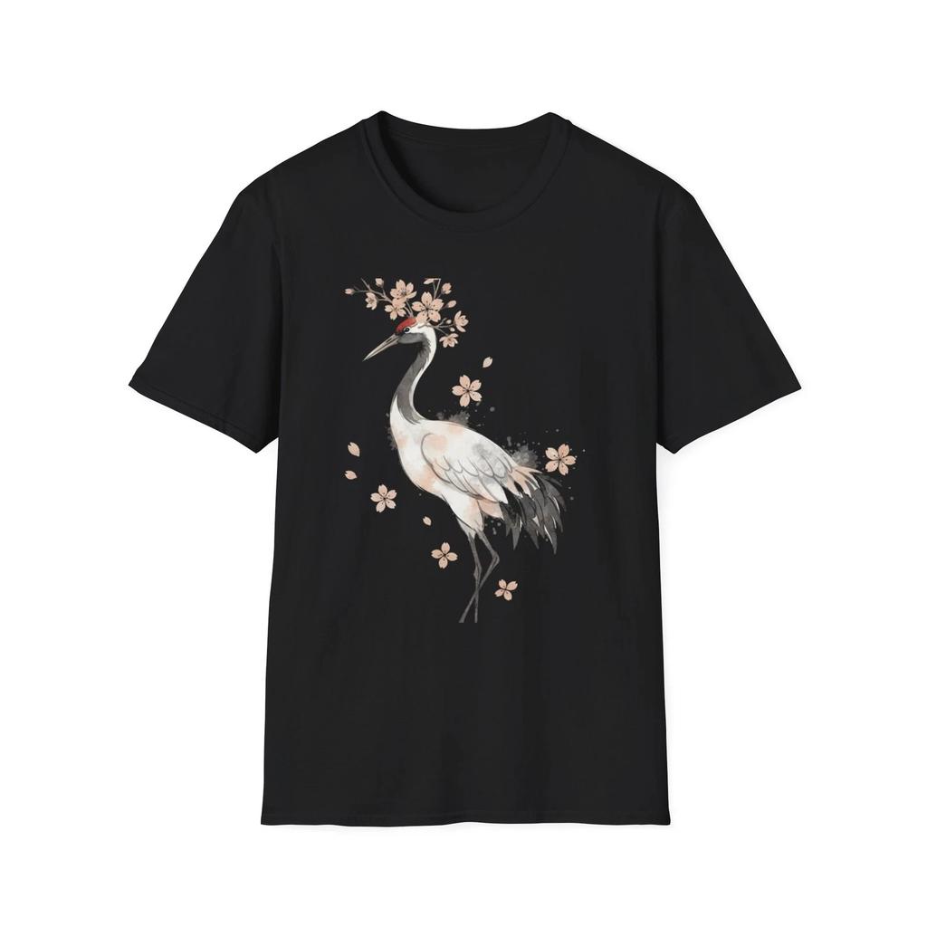 Crane Cherry Blossom Watercolor Japanese Art Black Tee Graphic T-Shirt