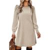 Autumn and winter polished pit strips solid color round neck bubble sleeves medium and long dresses women's clothing