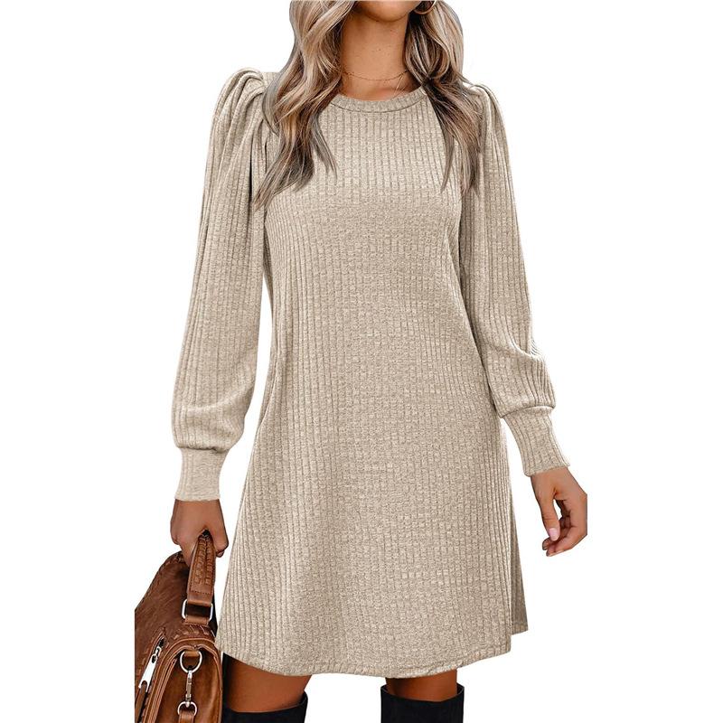 Autumn and winter polished pit strips solid color round neck bubble sleeves medium and long dresses women's clothing