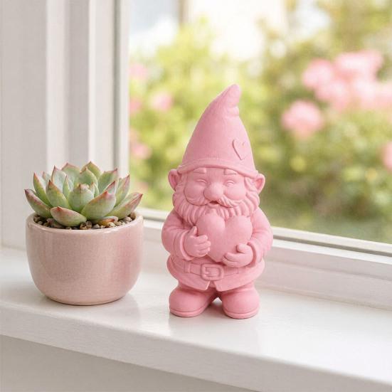 Sweet Atmosphere Ornament 3D Printed Garden Gnome Statue Holding Heart, Cute Pink Figurine, Weather-Resistant Indoor Burr-free Sculpture and Outdoor,