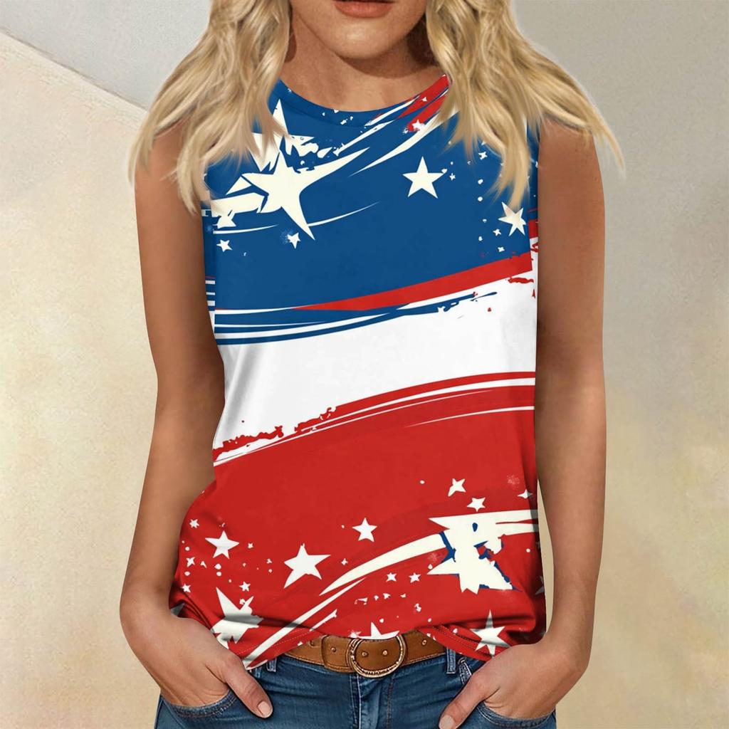 Women's Fashion Casual T-Shirt Round Neck Sleeveless Independence Day Printed Vest Top