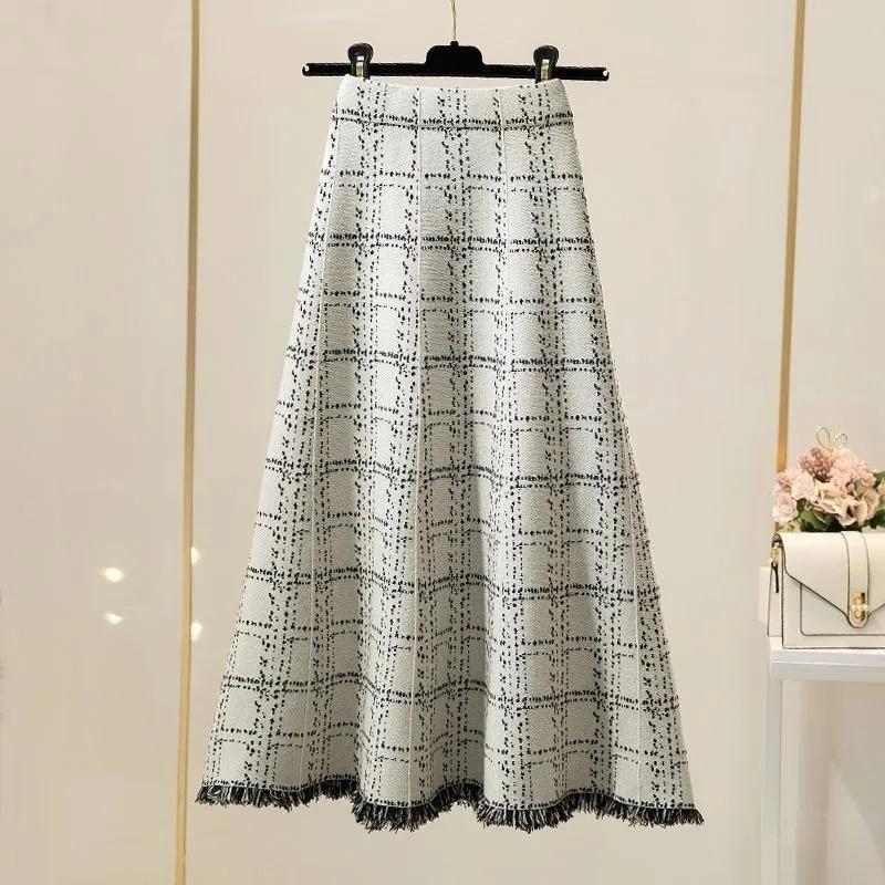 Herbst Winter Damen Freizeit Strickrock Damenmode Quasten Maxirock Koreanische Frauen Hohe Taille Karomuster Lange Röcke