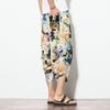 Mid-rise Elastic Waistband Drawstring Pockets Cropped Pants Ethnic Style Retro Print Harem Trousers