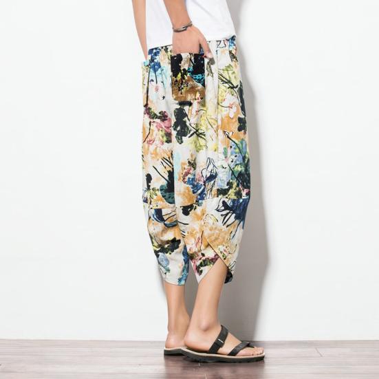 Mid-rise Elastic Waistband Drawstring Pockets Cropped Pants Ethnic Style Retro Print Harem Trousers