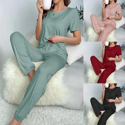 Damen Pyjama Kurzarm Hose Elegant Lässig Zweiteilig Einfarbig Hauskleidung