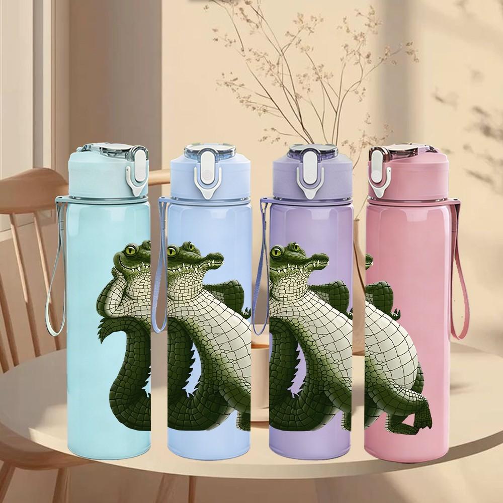 1PC Green Crocodile Reptile Pattern 750ml Color Plastic Sports Water Bottle Leakproof Flip Straw Lid Suitable for Sports Office Home Use