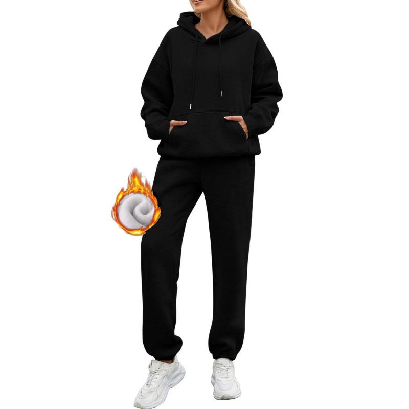 Womens Solid Color Hooded Long Sleeve Fleece Lined Sweatshirt Matching Pants Set Casual Streetwear Outfit