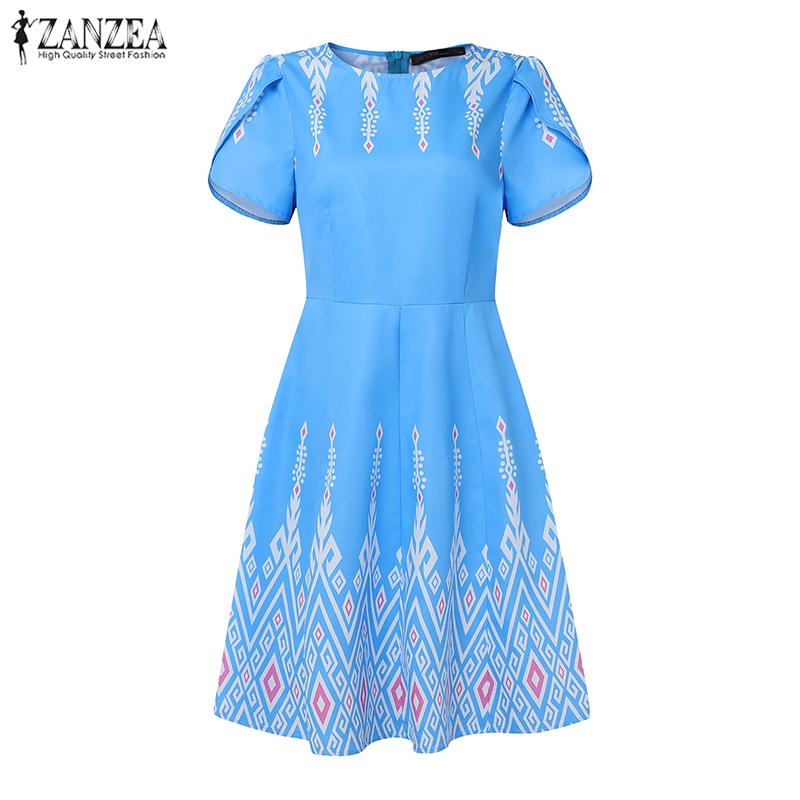 ZANZEA Women Casual Round Neck Summer Short Sleeve Print Dress