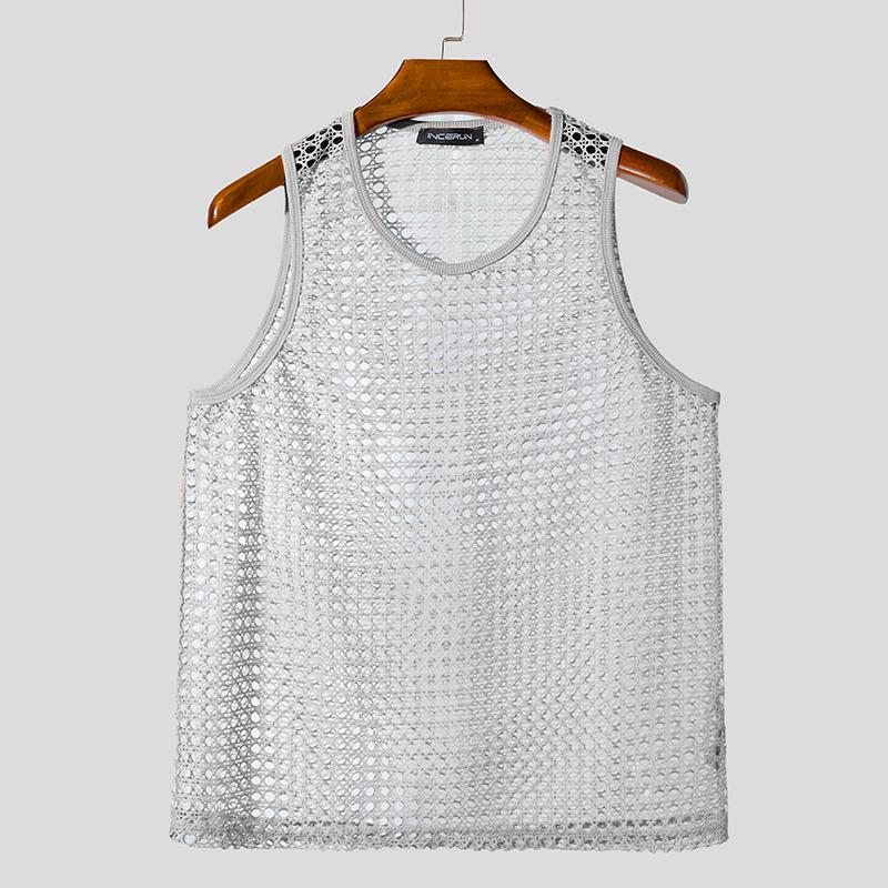 INCERUN Men O Neck Sleeveless Mesh Sheer Hollow Crochet Casual Beach Tank Tops