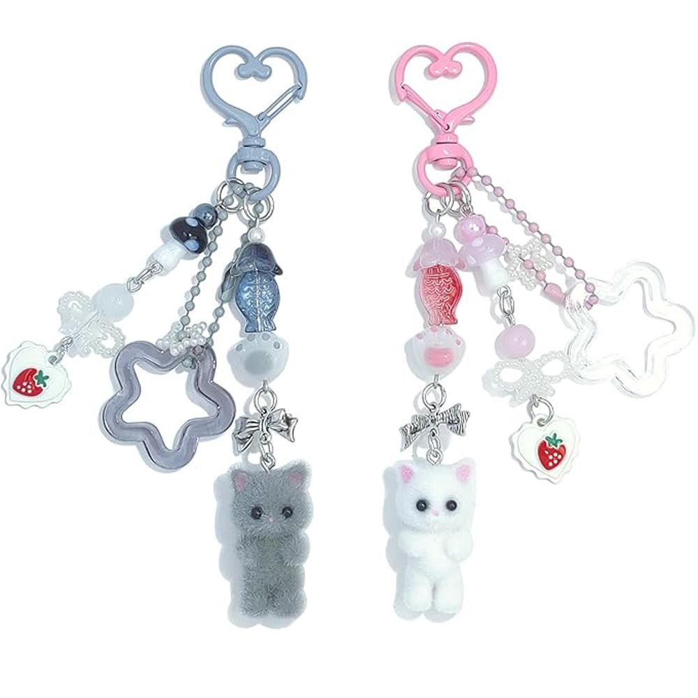 Cute Pink Keychain,Fuzzy Cat Keychain Aesthetic Keyring Stylish Keychains Accessories For Women Girls
