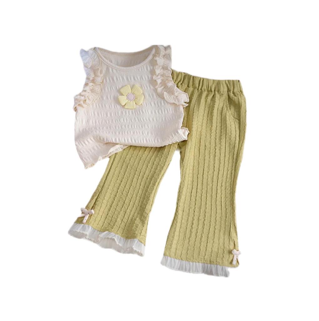 Sweet Summer Two-Piece: 3D Flower Sleeveless Tank & Flared Pants for Baby Girls