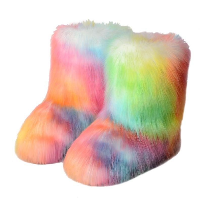 Flat heel high top warm winter furry boots deep mouth round head medium tube imitation fox fur snow boots women