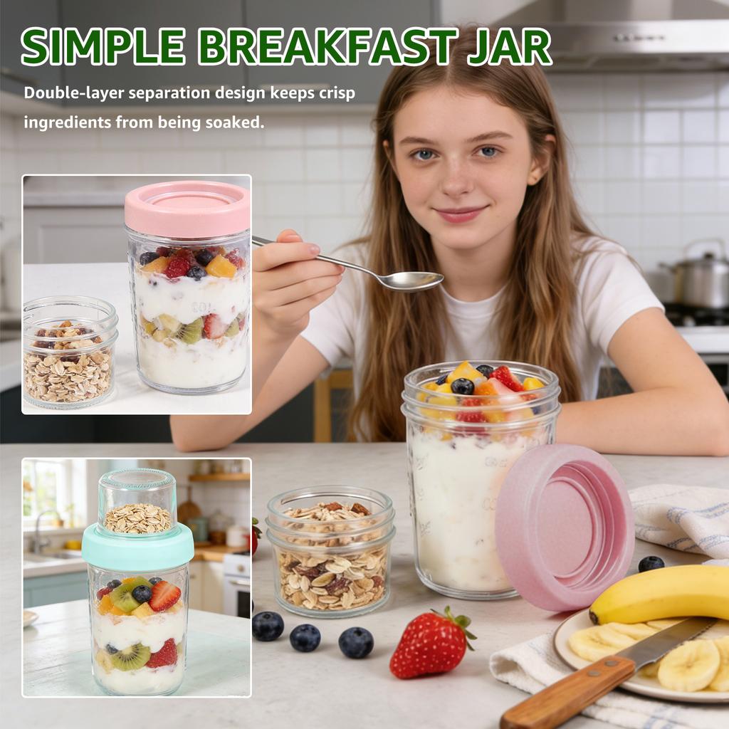 2/4 Pcs Overnight Oat Cup 470 ML Glass Yogurt Parfait Cup Portable Leak-proof Yogurt Container Cereal Milk Salad Cups for Work