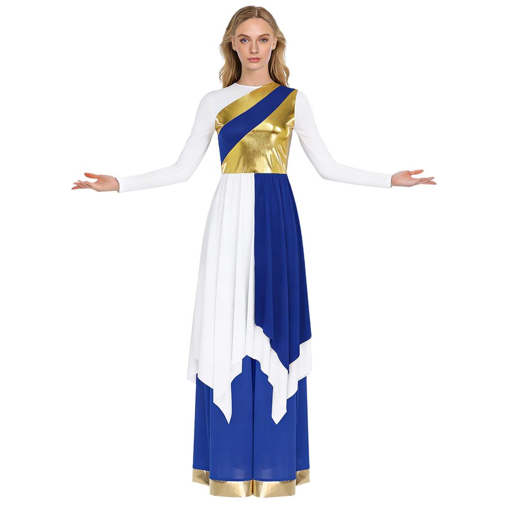 Dames Lyrische Dans Kostuum Set S-XXL: Jurk met Lange Mouwen, Metallic Contrastkleur, Onregelmatige Zoom & Wijde Broek voor Kerkdienst, Dans