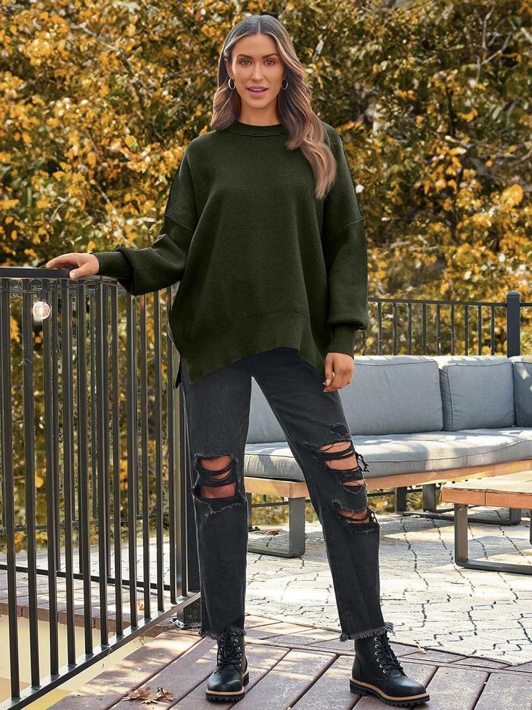 2025 Women's Round Neck Batwing Long Sleeve Knit Sweater with Exposed Seam and Side Slit