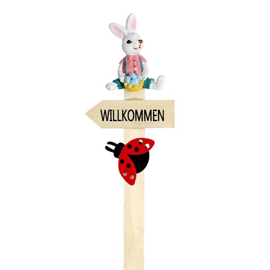 Easter Planter Stakes Wooden Porch Welcome Sign with Ladybug And Resin Bunny for Indoor Outdoor Yard Lawn Path Terrace Flower Pots Decor