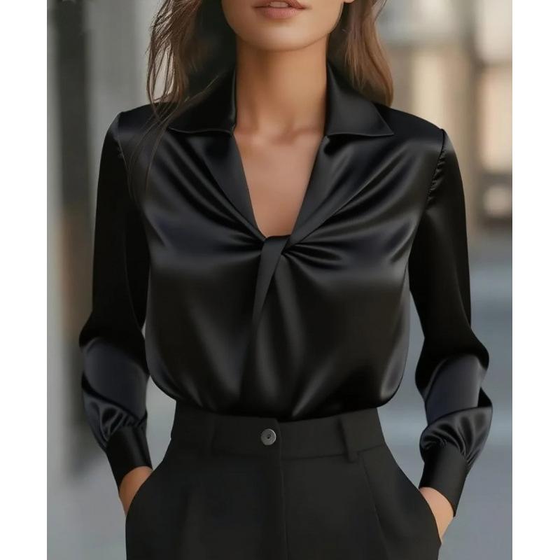 2026 Popular Autumn Fashionable Solid Color Satin Pleated Long-sleeved Shirt for Women