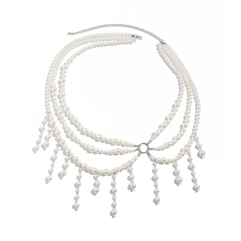 A52E Elegant Layering Faux Pearls Tassels Belt Chain Adjustable Design Body Chain Accessory For Dresses And Casual Outfits CN