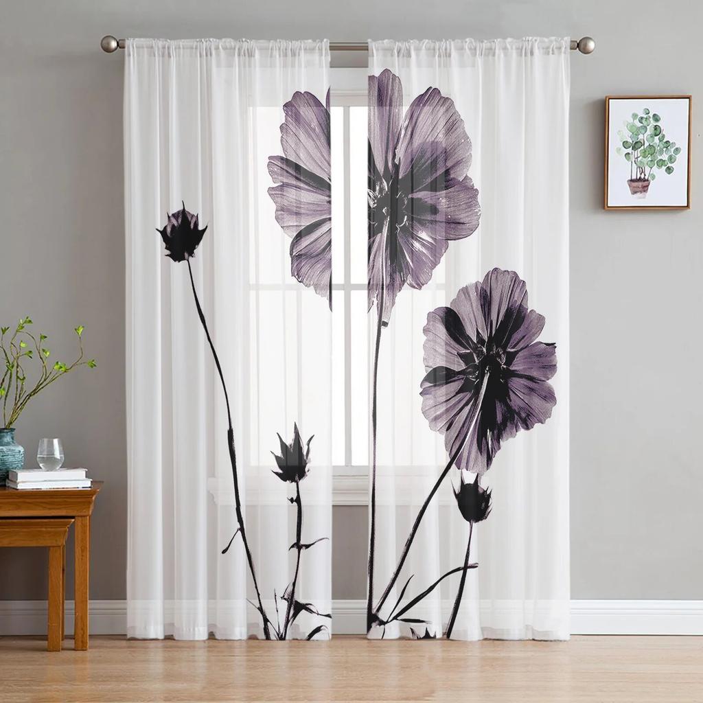 Lila Blumen Tinte durchsichtige Vorhänge für Mädchen, Kinder, Schlafzimmer, Küche, Fenster, Vorhänge, Heimdekoration