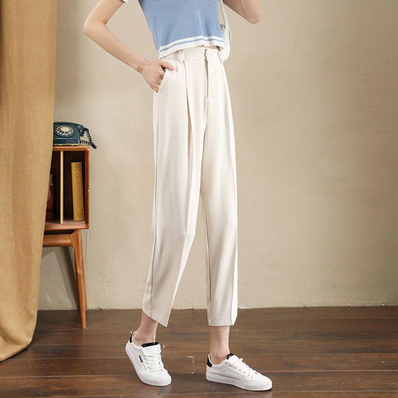New Summer Casual Loose Oversize Minimalist Commuting High Waisted Slimming Pocket Solid Color Versatile Cropped Pipe Pants