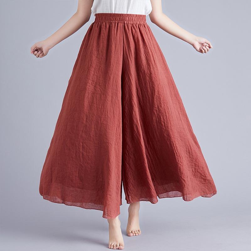 Summer Women's Trousers Artistic Large Size Cotton and Linen Wide-leg Trouser Skirt Linen Skirt Elastic Waist Solid Color Ethnic Style Trouser Skirt