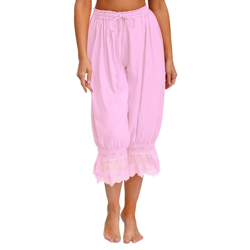 S-L Women's Lace Trim Bloomers: Versatile Midi Harem Pants with Drawstring, Loose Wear & Medieval Pirate Costume