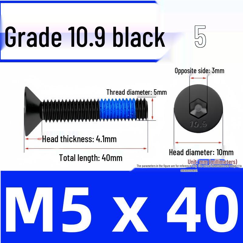 Black Anti-Slip Flat Cup Screw with Adhesive Blue Glue, Countersunk Hexagon Socket, Available in M2-M8 Sizes