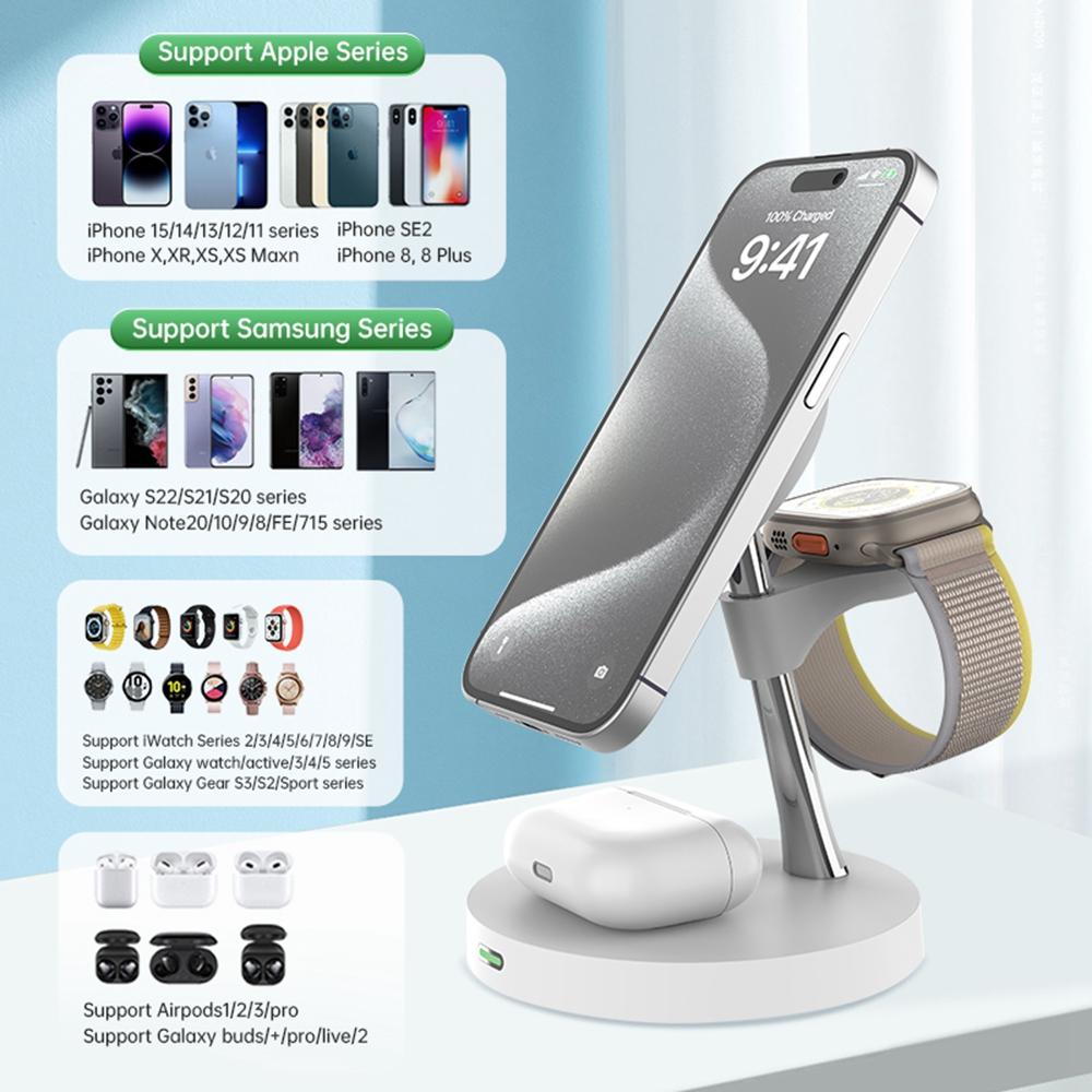 T269D 15W Magnetic Wireless Charger Phone Watch Earphone Fast Charging Station with Night Light