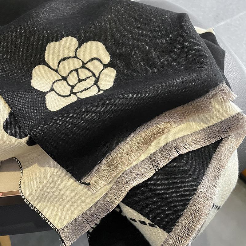 High End Small Fragrance Camellia Imitation Cashmere Scarf Dual Use Winter New Thickened Cold Proof Warm Scarf